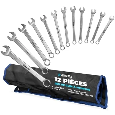 Imagen de S&amp;R WerkFix Juego de llaves combinadas 12 piezas + bolsa acero al cromo vanadio marcadas por láser mate