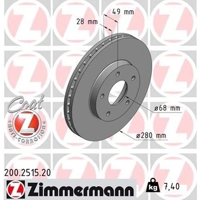 Imagen de ZIMMERMANN COAT Z 200.2515.20 Disco de freno 280 28 5/5 5 114 ventilación interna revestido NISSAN: X Trail, Almera Tino, Maxima V QX Berlina