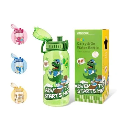 Imagen de UZSPACE Cantimplora infantil a prueba de fugas, botella agua 600 ml, deportiva dinosaurio, sin BPA, con una sola mano, para la escuela, al aire libre, guardería
