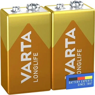 Imagen de Varta Pila de 9 V Longlife 6LR61 (paquete 2 unidades), pilas alcalinas E Block, adecuados para los detectores incendios, humo, afinadores