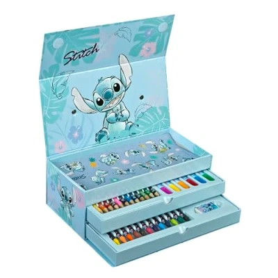 Imagen de Undercover Maleta de pintura Stitch 44 piezas Juego creativo infantil con 3 compartimentos llenos diversión para colorear Lápices cera carteles niños a partir años