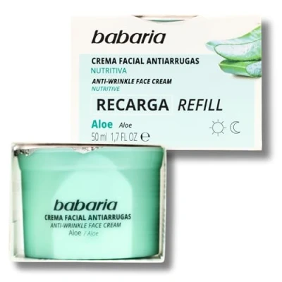 Imagen de Babaria Refill Crema Facial Antiarrugas Refill, con Aloe Vera, Vitaminas C, E y Ácido Hialurónico, Hidrata Mantiene la Elasticidad de Piel, 85% Ingredientes Origen Natural, Vegano 50 ml