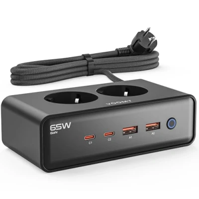 Imagen de VOOMY Regletas Enchufes con 65W USB C Carga Rápida, Regleta (2 y 2 A), Alargador Enchufe Tomas, multiple Interruptor, proteccion sobretension Cable de 2m