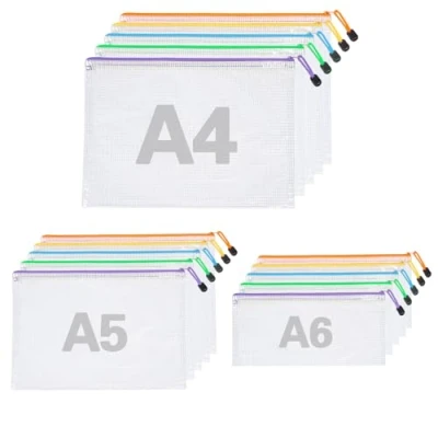 Imagen de 15 pzs Bolsa portadocumentos A4 A5 A6 5 Colores, Impermeable, Transparente con Cremallera para Archivo, cosméticos, Material de Oficina, Viaje