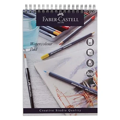 Imagen de Faber Castell Creative Studio Bloc de acuarela, A5, papel encuadernado en espiral sin ácidos, 190 g/m², 15 hojas para pintura lápices y marcadores, artes, manualidades, hogar escuela
