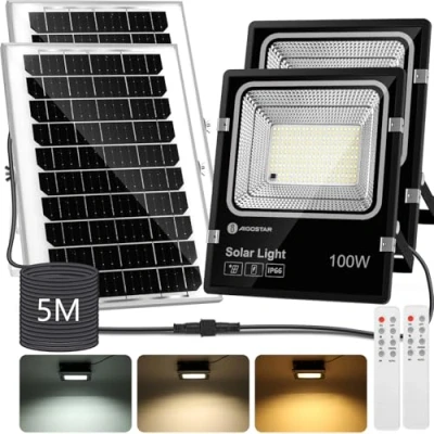 Imagen de Aigostar Foco solar exterior con mando a distancia,Cable de 5m.8000mAH,Batería gran capacidad y panel solar.regulable 3000/4000/6500K. Uso interior/exterior IP66:jardín,patio,2 Piezas