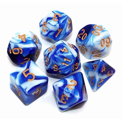 Imagen de CREEBUY Juego de Dados poliédricos para Dungeon and Dragons, COC, rol, Mesa, 7 Piezas, con Bolsa Dados, Color Azul Blanco