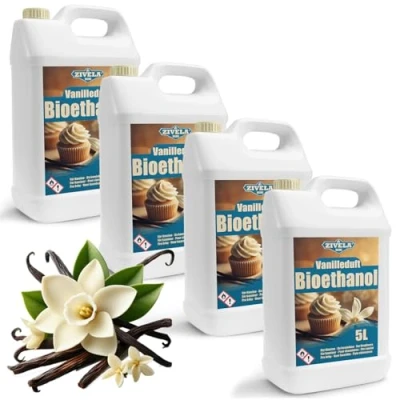 Imagen de Bioetanol 96,6% 20L Alcohol orgánico aroma Vainilla 4x5L para chimenea, chimenea de mesa, Combustión limpia, sin humo, llama viva y
