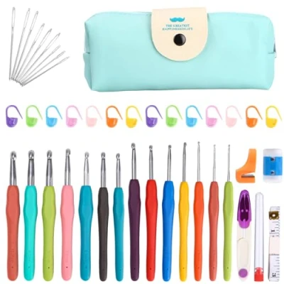 Imagen de juego de 14 agujas ganchillo 2,0 mm a 10,0 mm, para principiantes, con bolsa almacenamiento, mangos goma ergonómicos
