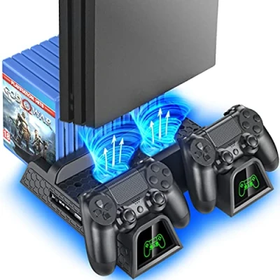 Imagen de OIVO Soporte para PS4 con Ventilador de refrigeración Playstation 4/PS4 Slim/PS4 Pro, Vertical Pro estación Carga Controlador y 12 Ranuras Juego