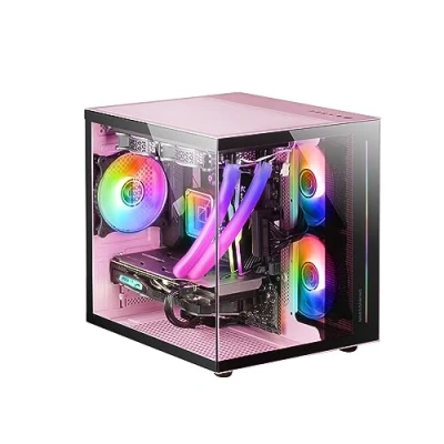 Imagen de Mars Gaming MC View, Caja PC Micro ATX con Cristal Templado Continuo 90º, Mini Torre Doble Cámara, Soporte Refrigeración Líquida, Rosa