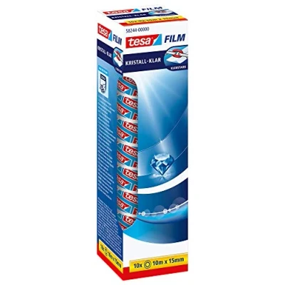 Imagen de tesafilm Cristal Clear, Cinta Adhesiva Ultra Transparente, Alta Adhesión, Resistencia a Roturas, 10 Rollos m x 15 mm, Transparente