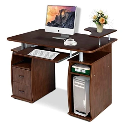 Imagen de COSTWAY Mesa de Ordenador con Cajones Escritorio Computadora Trabajo para Oficina Hogar (Marrón)