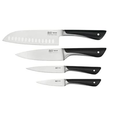 Imagen de Tefal Jamie Oliver K267S4 Juego de 4 cuchillos cocina, cuchillo Santoku, universal, para pelar, diseño inconfundible, cuchillas resistentes, acero inoxidable/negro (K267S455)