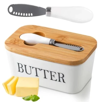 Imagen de POWZOO Mantequillera de Porcelana con Cuchillo y Tapa,recipiente para mantequilla alta calidad,Mantequera hermética Anillo Silicona,Puede contener 250g,para Todo Tipo Mantequilla(blanco)