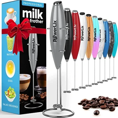 Imagen de Powerlix Espumador de Leche Eléctrico Mano Batidora Espuma con soporte acero inoxidable, 15 20s, potente 19000 rpm, Batidor para Café leche, Capuchino, Chocolate Caliente,Plata