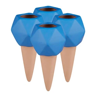Imagen de Relaxdays Picos de Riego Arcilla, Kit 4, por Goteo Botellas 1,5 l, Sistema Riego, Cerámica, Terracota/Azul