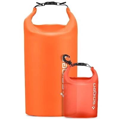 Imagen de Spigen Aqua Shield Set de Bolsa Impermeable [IPX6, 20L + 2L] Dry Bag con Correa Larga Ajustable para Playa, Piscina, Natación, Camping, Kayak, Pesca y Rafting, etc Naranja Atardecer