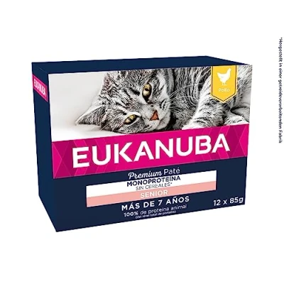 Imagen de EUKANUBA Grain Free Alimento Húmedo para Gatos Sénior, Premium Rico en Pollo de Edad Avanzada, 12 x 85 g