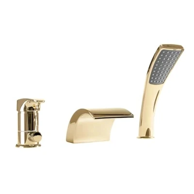 Imagen de Rea Grifo para bañera con ducha de mano y manguera Mezclador cascada latón 3 orificios Estilo moderno Dorado