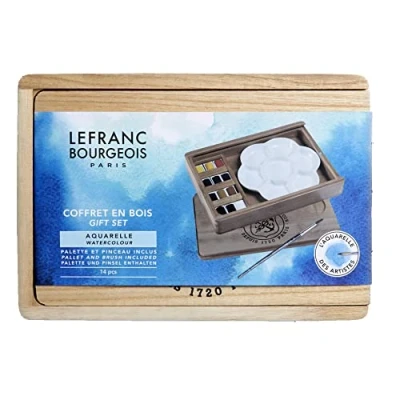 Imagen de Lefranc Bourgeois acuarela Fine Caja de madera 12 medio godets profesional + paleta y pincel, colores surtidos