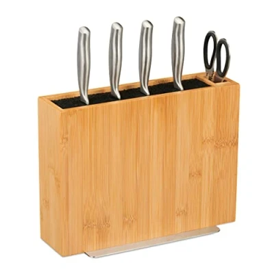 Imagen de Relaxdays Bloque Cuchillos Cocina con Soporte Tijera, Taco Portacuchillos Bambú y Plástico, 23x30x12 cm, Natural/Negro