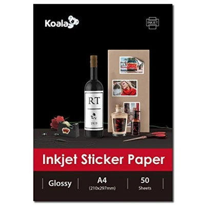 Imagen de KOALA papel fotográfico brillante blanco autoadhesivo para inyección de tinta con el reverso adhesivo, impresión etiquetas, A4, 50 hojas
