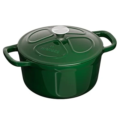 Imagen de Navaris Cacerola de hierro fundido con tapa Cazuela 2 asas para cocinar en horno plancha Olla cocotte redonda 20 cm Marmita 2,5 l Verde
