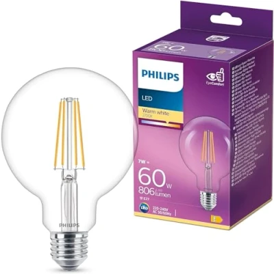 Imagen de Philips Bombilla LED cristal 60W Globo E27 luz blanca cálida, transparente, no regulable