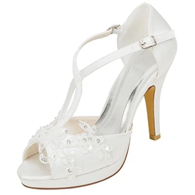 Imagen de Emily Bridal Zapatos Nupciales Plataforma de Mujer Peep Toe satén talón Estilete con Encaje Perlas (EU35, Ivory)