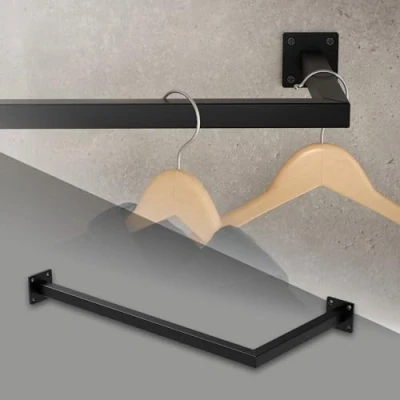 Imagen de ML Design Perchero de Pared 60 x 30 cm Negro Acero Inoxidable en Forma L para Vestidor Barra Almacenamiento Esquina Ropa o Utensilios Cocina Incl. Material Fijación