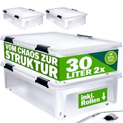 Imagen de Deuba® 2X Cajas de Almacenamiento 30L Tapa Clips Cierre Transparentes Almacenaje Juguetes Ruedas Apilable