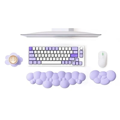Imagen de MAMBASNAKE Cloud Juego de teclado y mouse para reposamuñecas con posavasos, almohadilla apoyo ergonómica espuma viscoelástica la muñeca base antideslizante, alivio del dolor Púrpura