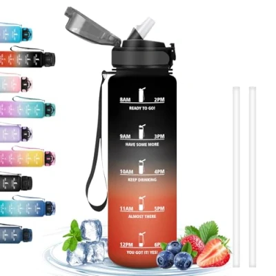 Imagen de Botella Agua 1 Litro, con Pajita, Gimnasio, Reutilizable a Prueba de Fugas, Eslogan Motivacional, Cantimplora para Deporte, Acampar, Ciclismo