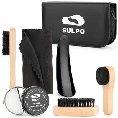 Imagen de SULPO Kit Limpia de Zapatillas 8 Piezas Limpieza Zapatos Viaje Cepillo para Lustrar Cuero con cerdas Suaves Estuche Calzador Crema Limpiadora Cuidado del Calzado