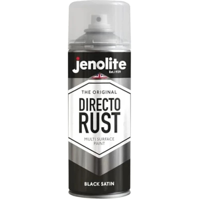Imagen de JENOLITE DIRECTORUST Pintura en aerosol satinada NEGRO 400ml multisuperficie todo uno: metal, madera, plástico Aplicar directamente sobre el óxido RAL 9005