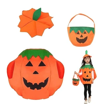 Imagen de May Huang Disfraz de Calabaza para Niños Halloween, Unisex con Sombrero y Bolsas Dulces, Cosplay Ropa, Carnaval