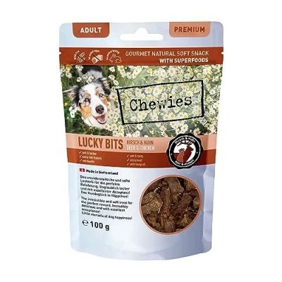 Imagen de Chewies Lucky bits Golosinas para Perros de Ciervo y Pollo Adultos, sin Cereales Suaves, con Muchas proteínas superalimentos como levadura Cerveza o Ginkgo, azúcar (100 g)