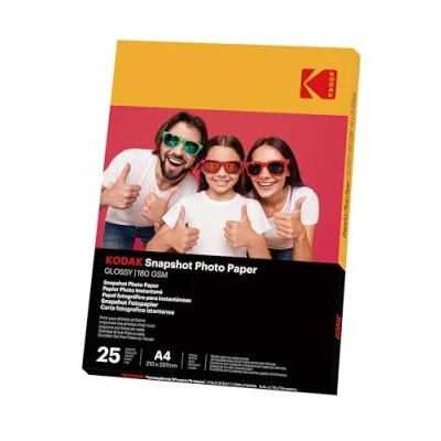 Imagen de KODAK papel fotográfico instantáneo (25 hojas de fotográfico, tamaño 21 x 29,7 cm (A4), acabado brillante, 180 g/m², compatible con impresoras inyección tinta&quot;