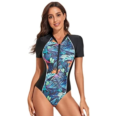Imagen de BEACHKINI Traje de baño una Pieza para Mujer, Manga Larga con Cremallera Frontal, Triangular,56 Negro Azul,2XL