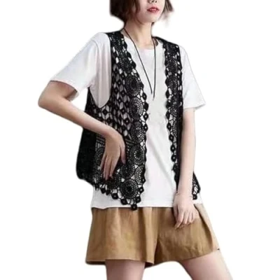 Imagen de Cárdigan Mujer,Camisetas Sin Mangas De Verano Para Mujer Hippie Encogiéndose Hombros Chaleco Punto Sudadera Transparente Encogimiento Malla Elegante Camisola Blusas