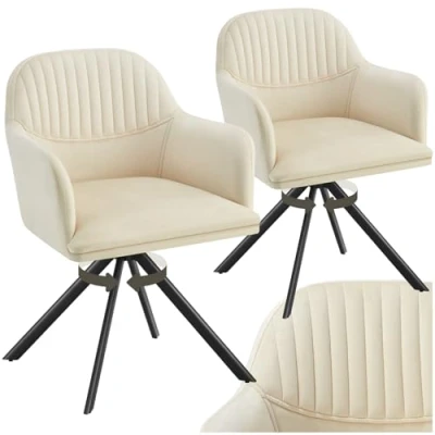 Imagen de TecTake® Silla Giratoria Tapizada con Respaldo Continuo, Patas de Acero Giratorias 360º, Dormitorio, Butacas Salon, Sillas Comedor, Comedor Nordica 2 Crema/Negro