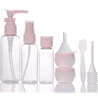Imagen de Juego de 8 Botellas Viaje, y contenedores Mini vacías plástico Recargables para cosméticos artículos Aseo Viaje con Bolsa Almacenamiento