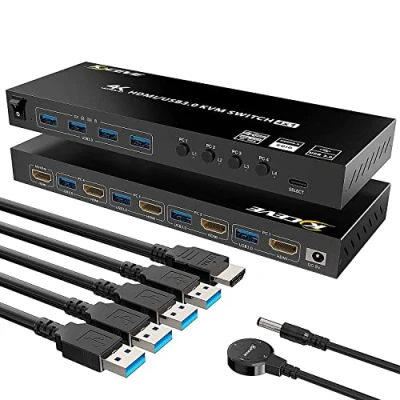 Imagen de HDMI USB 3.0 KVM Commutatore, 4 porte Switch Supporto Risoluzione 4K@60Hz, per computer Condividi Tastiera Mouse e un Monitor, Con Controllo Pulsante Interruttore Esterno