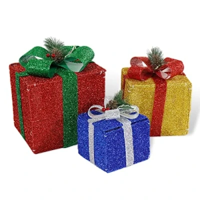 Imagen de CCLIFE Juego de 3 cajas regalo con luz LED,caja Navidad luz, caja iluminadas para árbol Navidad, hogar, decoraciones