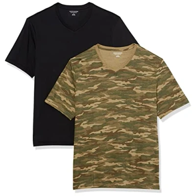 Imagen de Amazon Essentials Camisetas de Cuello en v Manga Corta Hombre, Pack 2, Estampado Camuflaje/Negro, S