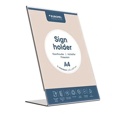 Imagen de Europel soporte para carteles de presupuesto, estándar T, tamaño A4, vertical, poliestireno transparente 1,5 mm, menús y folletos restaurantes, hoteles, conferencias