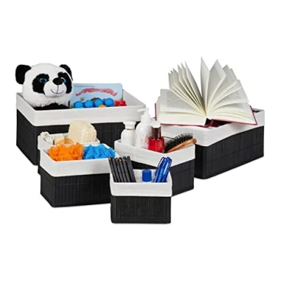 Imagen de Relaxdays, Negro Set de Seis cestas almacenaje, Funda Tela, Bambú, Cuadrado y Rectangular, Organizador, Algodón