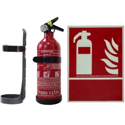 Imagen de FERRETELIX® Extintor de 1 kg ABC + Cartel Fotoluminiscente 31x20 cm Homologado Soporte Montaje Para Coche, Hogar, Oficina, Caravana, Barco o Barbacoa Año 2025