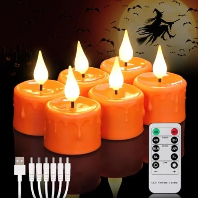 Imagen de FREEPOWER 6 velas LED de color naranja recargables con mando a distancia, temporizador, luz blanca cálida, eléctricas cable USB, decoración familiar Halloween, 4 x 5,5 cm
